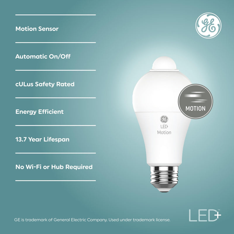 GE LED+ Motion Sensor LED Light Bulbs, 12W, Outdoor Security Lights, A21, Warm White (2 Pack) 2 Bulbs