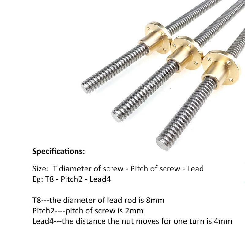 T8 8mm Lead Screw 1000mm/39.37" with Brass Nut for 3D Printer Machine Z axis (Picth of Screws: 2mm, Lead: 8mm) T8 - Pitch2 - Lead8 L: 39.37" / 1000mm