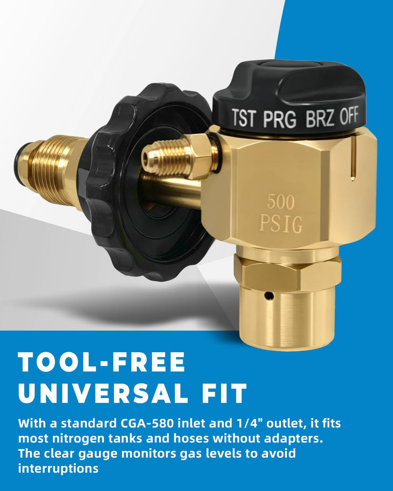 VN-500 Nitrogen Purge Control Valve Regulator w/500 PSI Flow Meter 4-Position Flow Control (TST/PRG/BRZ/OFF) Heavy-Duty Brass Body Hybrid Design Nitrogen Purging Regulator for Leak Testing