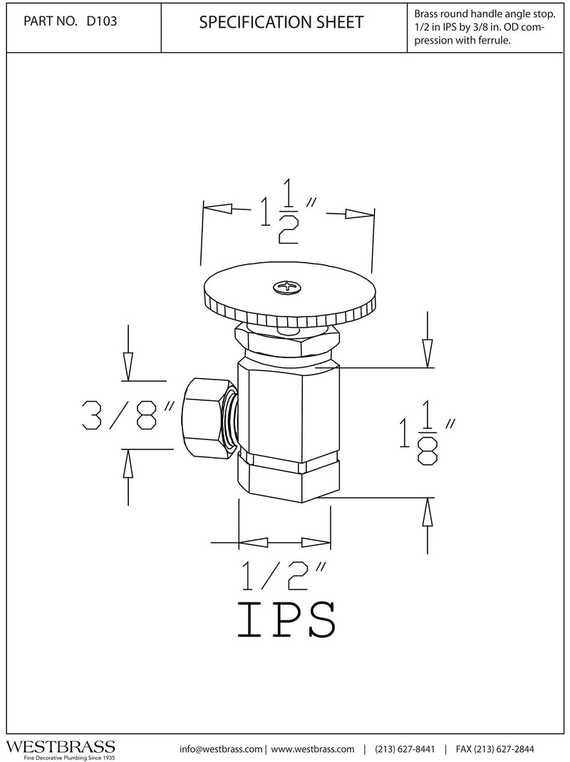 Westbrass D103-2-01 Round Handle Angle Stop Shut Off Valve, 1/2" IPS Inlet with 3/8" Compression Outlet, PVD Polished Brass (2-Pack) 2 Pack