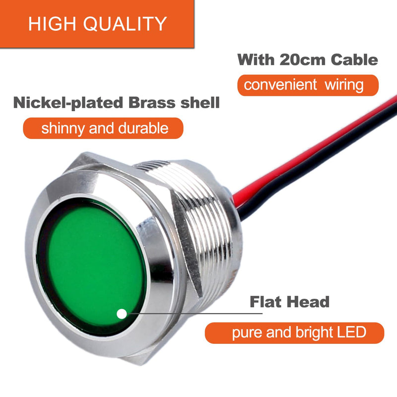 2PCS 22mm (7/8") LED Indicator Light, 12-24V AC/DC 20mA Energy Saving Metal Waterproof IP67 Single lamp LED Pilot Lamp Flat Head with 20cm/7.87in. Wire for Car Truck Boat(Green LED) Green 12-24V 22mm