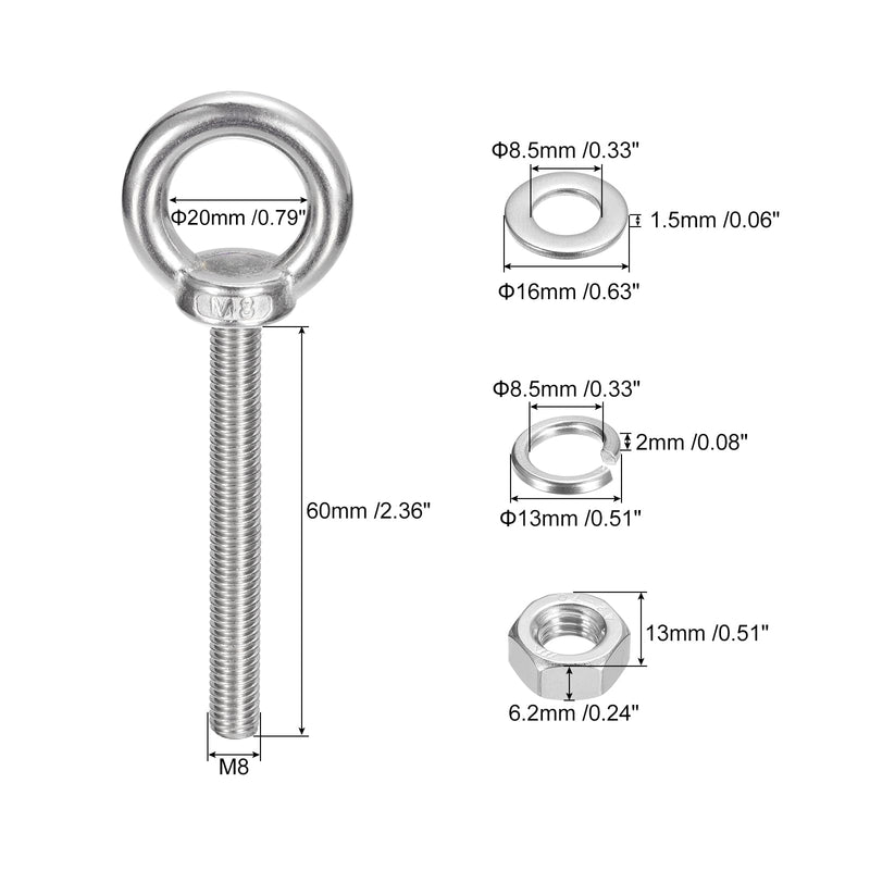 uxcell Lifting Eye Bolt, 4 Sets M8 x 60mm Eye Bolt with Nut Washer 304 Stainless Steel Shoulder Lifting Ring Eye Bolt for Hanging Item