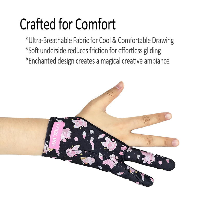 Artist Drawing Glove, Breathable Two Finger Digital Art Glove 3-Layer Palm Rejection Right/Left Hand Digital Graphic Tablet Medium Black-Pink