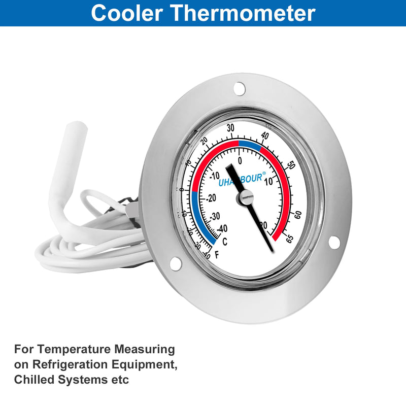 Cooler Thermometer Comercial Freezer Thermometer Capillary Design Refrigeration Gauge, Range -40 to 65 ℉ / -40 to 20℃, 2" Dial Stainless Steel Flanged Panel Mount -40 to 65 ℉(Refrigeration Gauge) new model