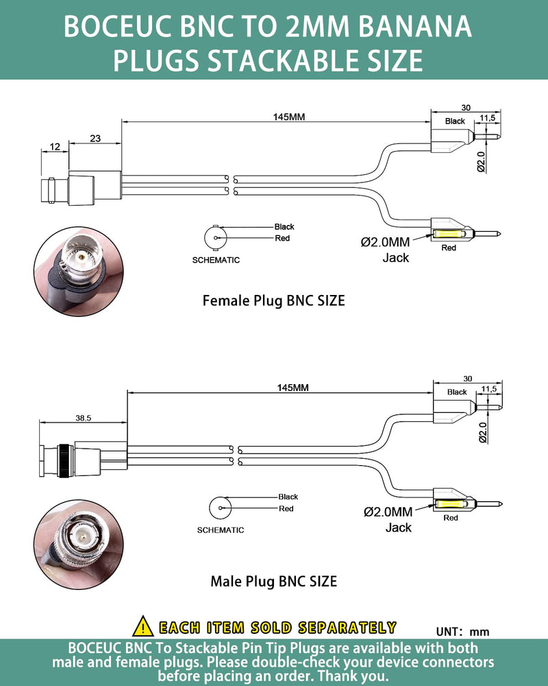 BNC Test Leads, BNC (Male) to Stackable Pin Tip Plugs, Oscilloscope Probes BNC to Stackable Pin Male Plug