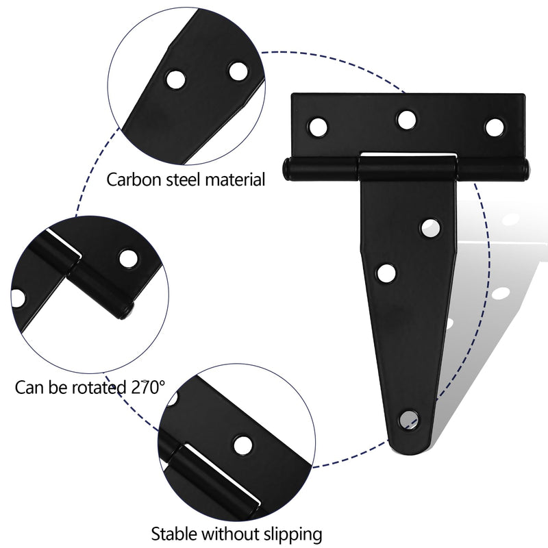6 Pack 3 Inch T Hinges Shed Door Hinges, T-Strap Gate Hinges, Heavy Duty Black Outdoor Tee Hinge for Wooden Fences, Barn Door Gates Hinges for Shed Door Hardware Hinges 6