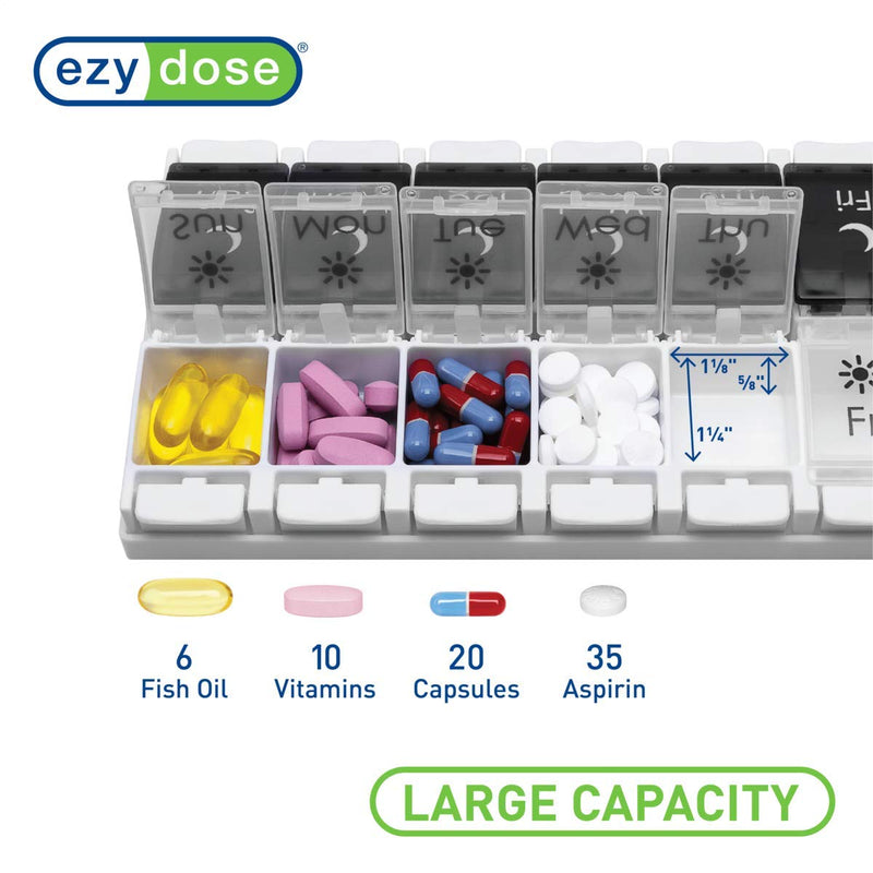 EZY DOSE Push Button (7-Day) Pill Case, Medicine Planner, Vitamin Organizer, 2 Times a Day AM/PM, Removable Trays, Large Compartments, Arthritis Friendly, Spring Open Black and White Lids, BPA Free Black/White (2x a Day) 1 Count (Pack of 1)