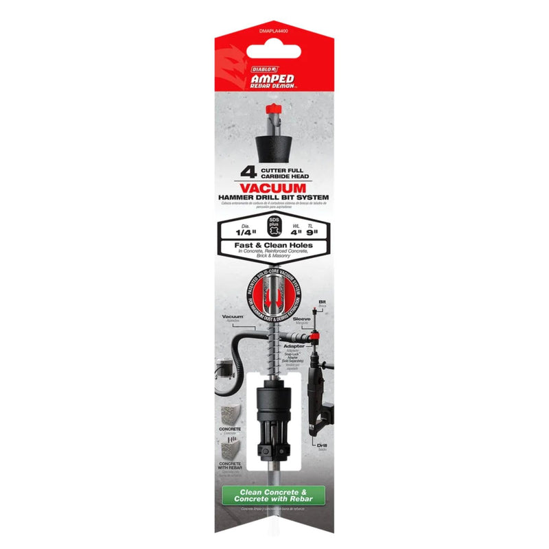 Diablo Amped Rebar Demon SDS-Plus 4-Cutter Hammer Drill Bit | Full Carbide Head Dust - 1/4" Diameter, 9" Length, 4" Working Length - DMAPLA4400 1/4" x 4"x 9"