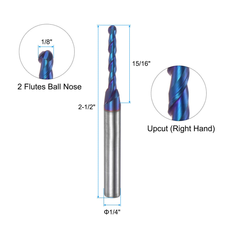 uxcell 2pcs Ball Nose End Mill CNC Router Bit, 1/16" Radius 1/4" Shank Solid Carbide Nano Coated Upcut Spiral 2 Flutes Cutter Milling Tool, 1/8" Dia 2-1/2" Total Length