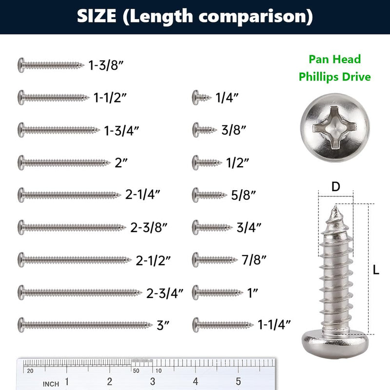 #8 x 3/4" (100 Pack) Stainless Steel Phillips Pan Head Wood Screws, Stainless Steel 304 (18-8), Pan Head Sheet Metal Screws Self Tapping Screws #8 x 3/4" 100
