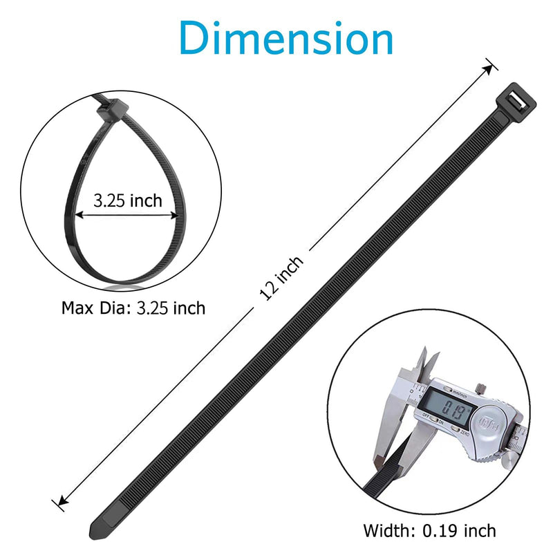 Zip Ties 12 inch (100 Pack), Black, 50 lb, UV Resistant Cable Ties for indoor and outdoor use, by Karoka 12" (100 Pack)