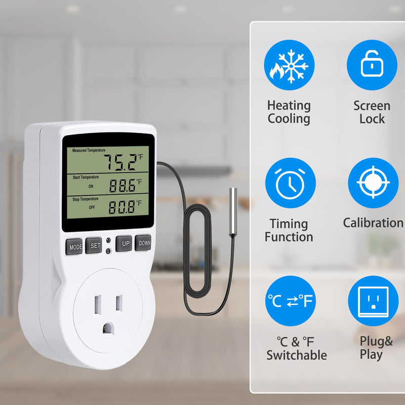 Plug in Digital Thermostat Temperature Controlled Outlet, 1800W 120V 15A Heating Cooling Control for Reptile, Incubation, Aquarium, Refrigerator, Home Brewing Without Backlit