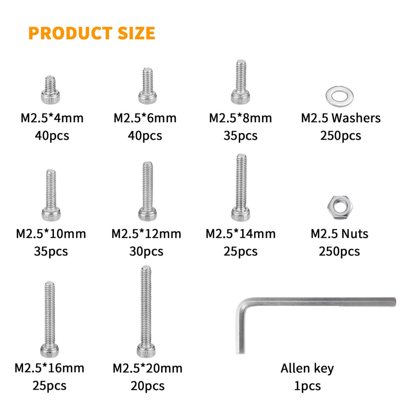 750 Pcs M2.5 Screws and Nuts and Washers Set, Metric Hex Socket Head Cap Screws Nuts Washers Kit, Stainless Steel Bolts and Nuts Kit, Machine Screws Assortment Kit, Fully Threaded Hex Nuts 750