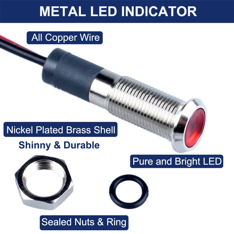 5 Pcs 6mm 110V-220VAC Metal LED Indicator Light Mounting Hole 1/4" 20mA Energy Saving Signal lamp Waterproof IP67 with Wire for machine tools household appliances etc. Red LED