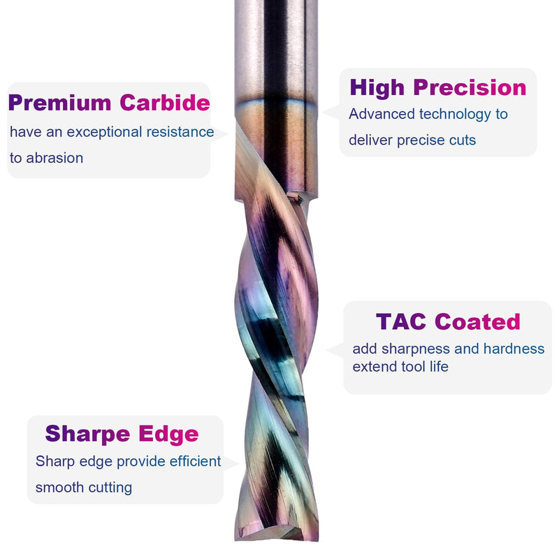 SpeTool 2-Piece Downcut Spiral Router Bits, 1/4 Inch Shank 1/4 Inch Cutting Diameter 1 inch Cutting Length , Extra Long Life Coating CNC Router Bits End Mill for Wood Carving Mortise Slot down cut&2-1/2" Length