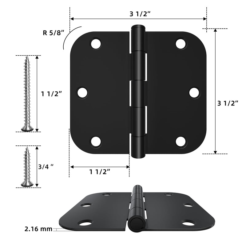 3 Pack Rounded Matte Black Door Hinges 3.5 x 3.5 inch with 5/8 Radius, Black 3 1/2 Interior Door Hinges, 3 ½"x 3 ½" Hardware 3 Pack Matte Black-5/8 Radius