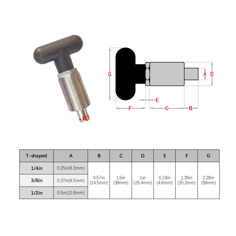 Handle Locking Spring-Loaded Pull pin, Welded Steel Body Column Positioning pin,Black Handle Lever knob (2, T-Handle Dia:3/8in) 2