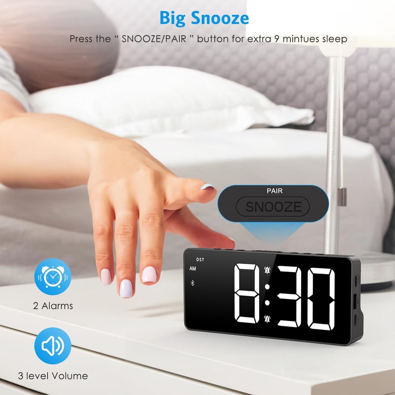 AMIR Alarm Clocks for Bedrooms - Bluetooth Sync Time Alarm Clock, Digital Clock Large Display with USB Charging Port, Dimmable, Adjustable Volume, Snooze, 12/24H, Loud Alarm for Heavy Sleepers