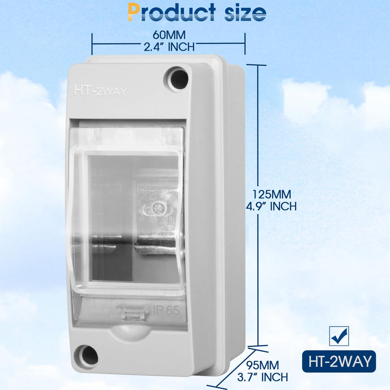 Waterproof Distribution Protection Box, ABS Plastic Breaker Electrical Box and Transparent Cover IP65, for Indoor Outdoor Wall Circuit Breaker (HT-2WAY) HT-2WAY(2.4x3.7x4.9 IN)
