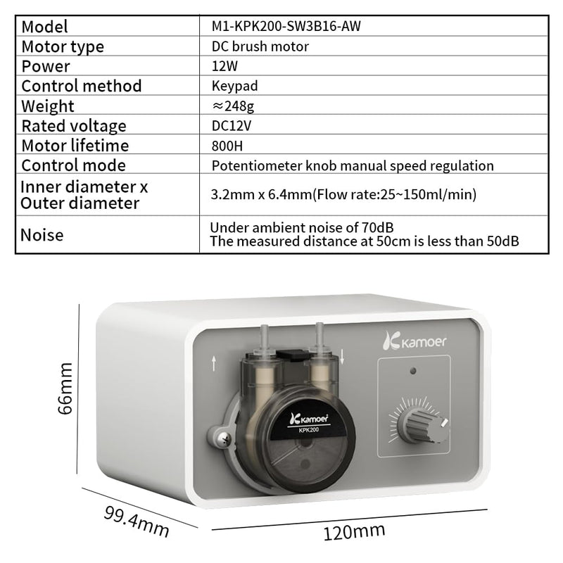 Kamoer M1-KPK200 Small Peristaltic Pump 12V Low Flow 25-150ml/min | Adjustable Speed Liquid Dosing Pump for Lab Factory Home with Power Adapter