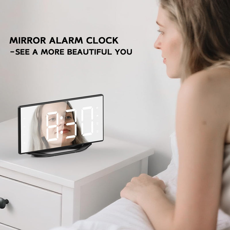 OnLyee Vibrating Alarm Clock with 8.7” LED Mirror for Heavy Sleepers & Hearing Impaired, Bed Shaker & 3 Wake-Up Modes, Dual Alarms, USB Charging, Adjustable Brightness, Snooze Function Black+Bed Shaker