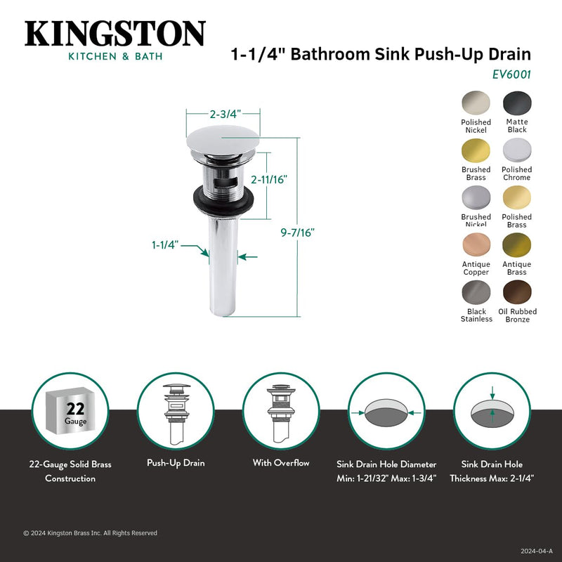 Kingston Brass EV6001 Fauceture Vessel Sink Drain with Overflow and Tail Tube Set-In, Chrome