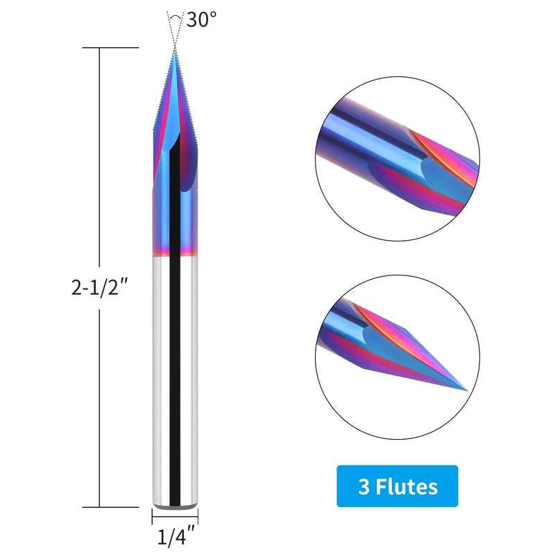 30 Degree V Bit 1/4" Shank, Carbide CNC Chamfer End Mill, 3-Flute V Groove Router Bit with Blue Nano Coating for Wood CNC Engraving Carving(Extra Long) 30 Degree- Extra Long