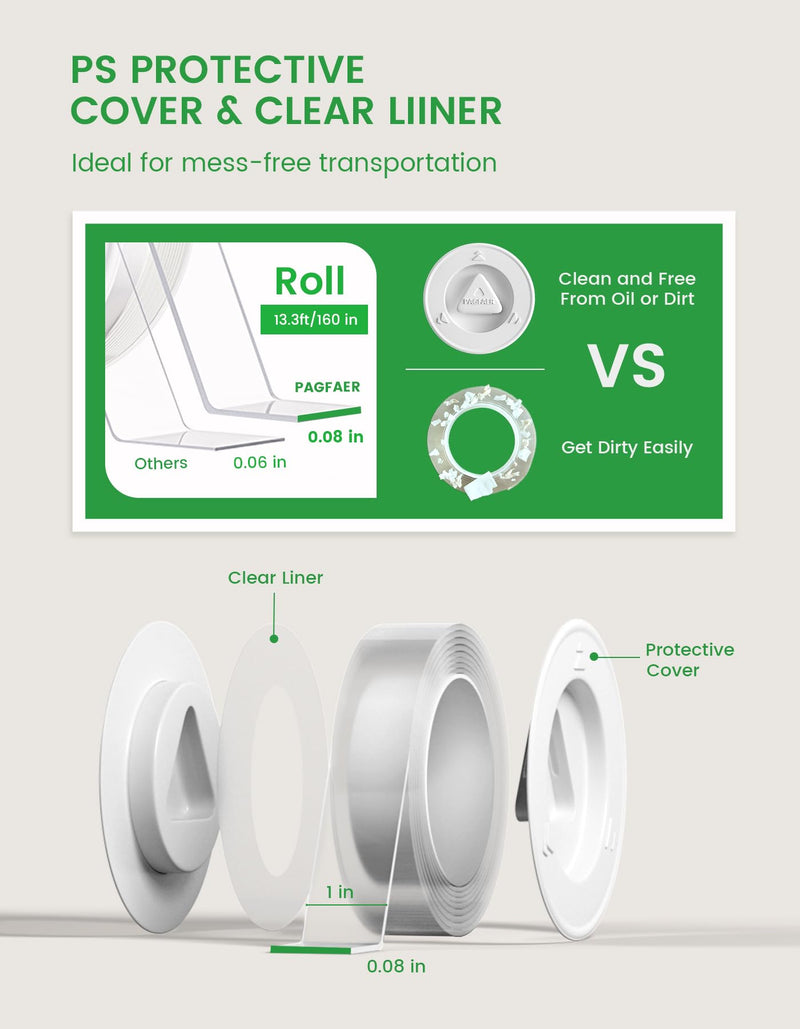 Double Sided Tape Heavy Duty, 2pcs Double Sided Mounting Nano Tape 13.3FT, Clear & Tough Two Sided Adhesive Tape, Removable Picture Hanging Strips for Wall, Poster, Carpet, Home Office 0.071in thickness 2