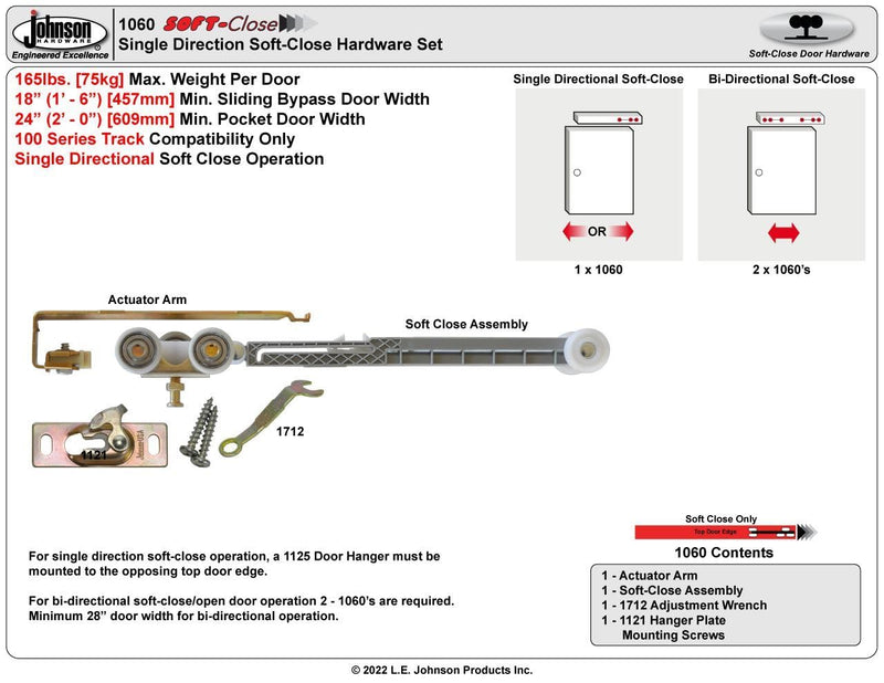 Johnson Hardware 1060 Soft Close Hanger - USA Made, , SOFT CLOSE STANDARD Standard Kit