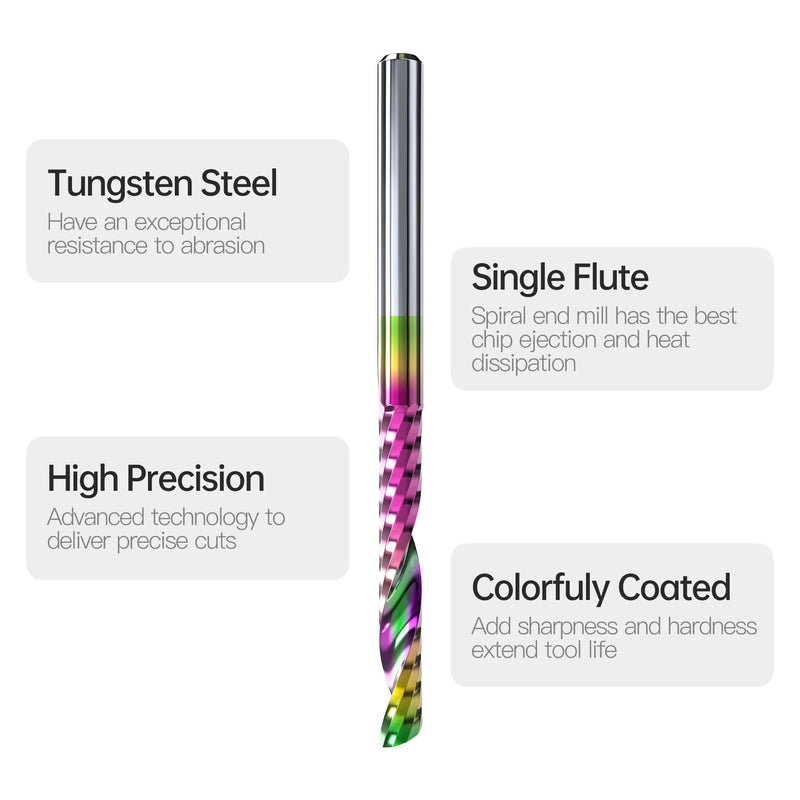 HUHAO CNC Single Flute Router Bits 1/8 Inch Shank,1/8 Inch Cutting Dia,17mm（0.67" ） Cutting Length,Solid Tungsten Carbide Alloy End Mill, DLC Coating Milling Cutter for Aluminium,5 Pack 5pc-1/8" Shank-1/8" Dia-7/8" CEL