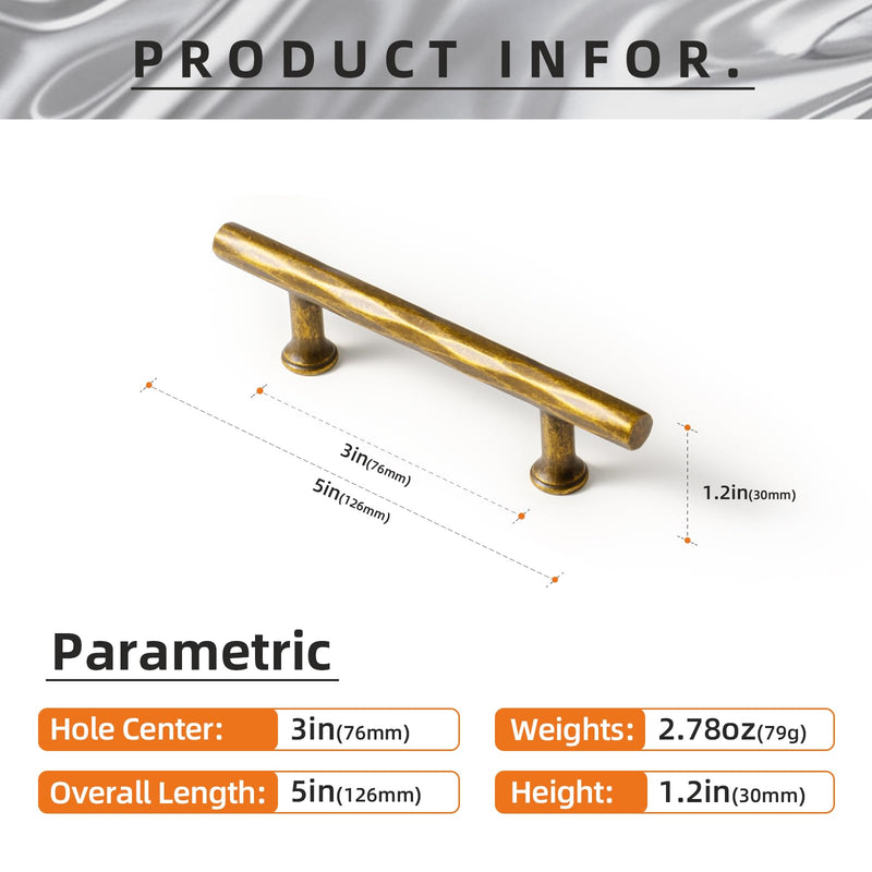 Goo-Ki Rhombus Cabinet Handles Antique Brass Drawer Pulls 3" c-c Zinc Alloy Kitchen Cabinet Hardware - 6 Pack Hammered Vintage Brass Bar Cabinet Pulls 3"(76mm) Center to Center
