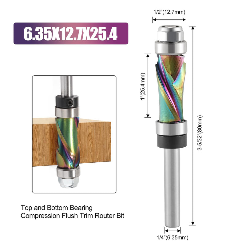 Carbide Compression Flush Trim Router Bit 1/4 Shank, 1/2" Diameter, 1" Cutting Length，DLC Coated Up Down Pattern Template Router Bit with Top and Bottom Bearing for Woodworking Trimming 1/4''x 1/2''x 1''