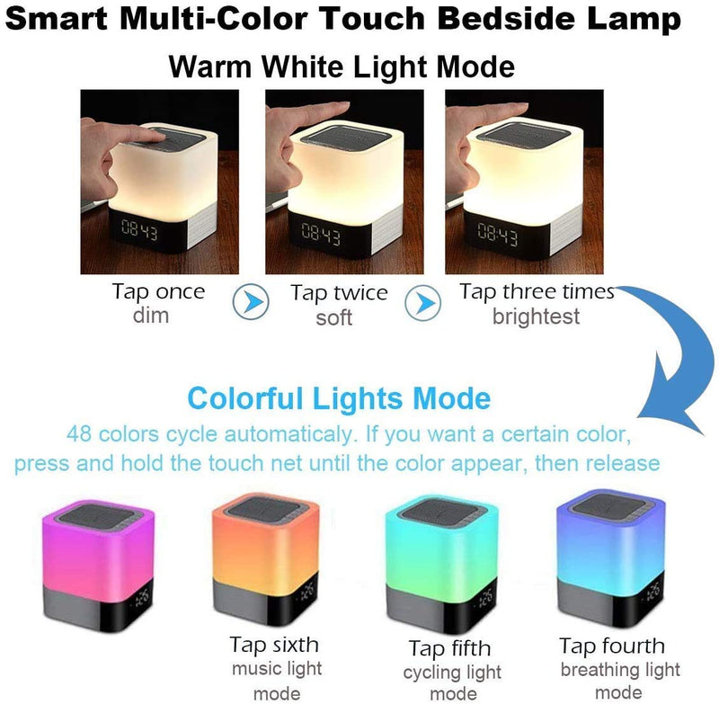 Night Lights Bluetooth Speaker, Alarm Clock Bluetooth Speakers Touch Sensor Bedside Lamp Dimmable Multi-Color Changing Bedside Lamp, MP3 Player, Wireless with Lights