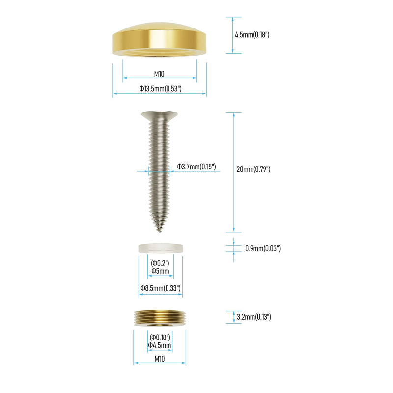 2 PCS 14mm(0.55") Mirror Screws, Brass Decorative Caps Cover Fasteners, Metal Mirror Nails, Polished Cambered Gold Lid