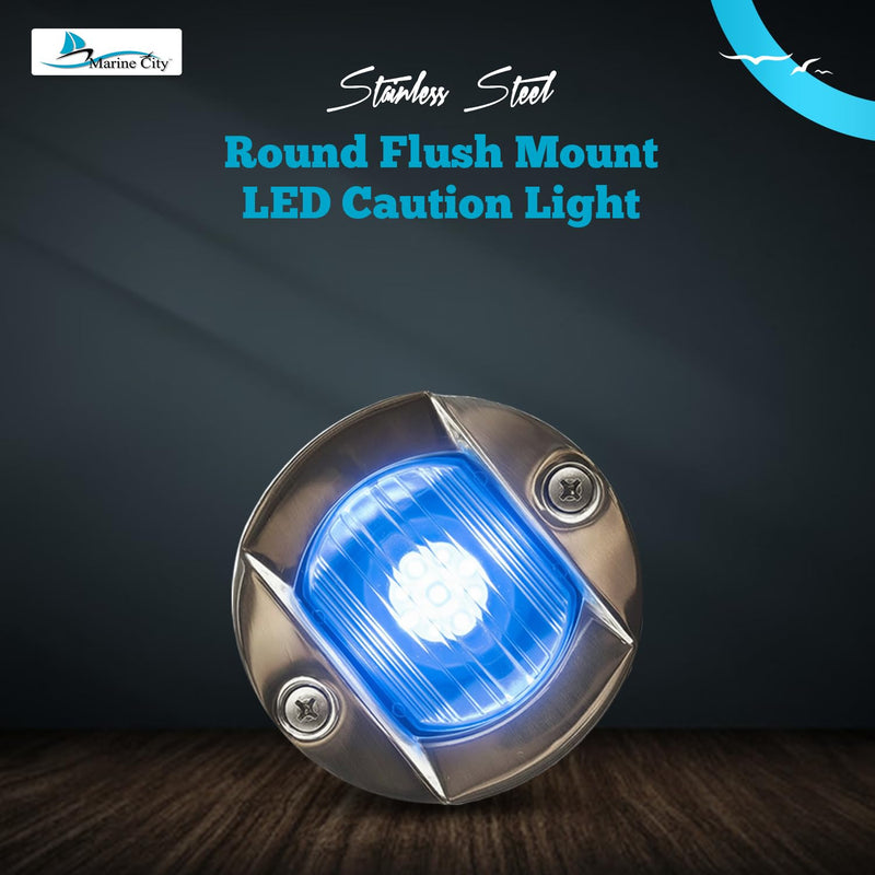 MARINE CITY 3-Inch Flush Mount LED Caution Blue Light, 12V 18W – 304 Stainless Steel, Waterproof, Durable, Easy to Install for Yachts, Boats, Ships, RVs 1 Pcs