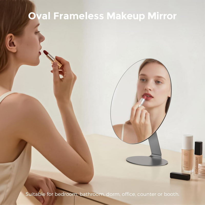Oval Makeup Mirror for Desk, 12 Inch Frameless Metal Standing Table Top Mirror, Adjustable Angle Oval