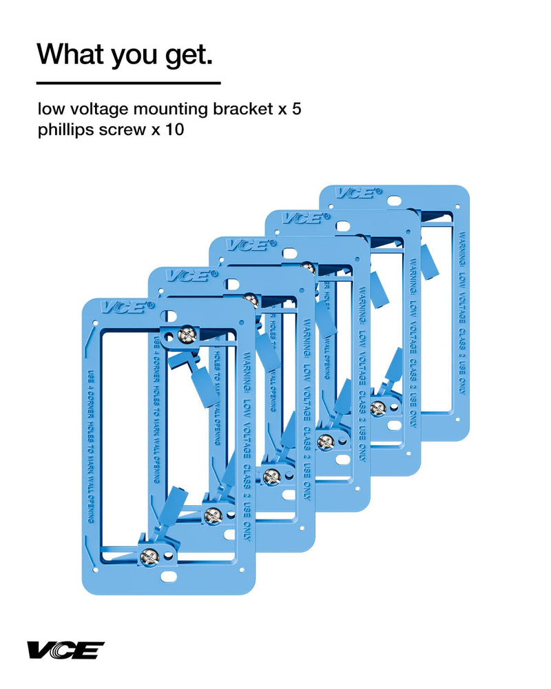 VCE Low Voltage Mounting Bracket Single Gang Wall Plate, Flush Low Voltage Box for Network, HDMI, Coaxial, Speaker, Telephone Cables, Blue, 5 Pack