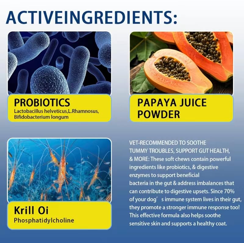 Probiotics & Enzymes Chews with Papaya | Pumpkin | Krill oi for Dogs & Cats Gut Health | No Poop Odor | Constipation | Diarrhea | Relieve Anal Gland Relief | Digestive | Immune - Vet Approved - PawsPlanet Australia