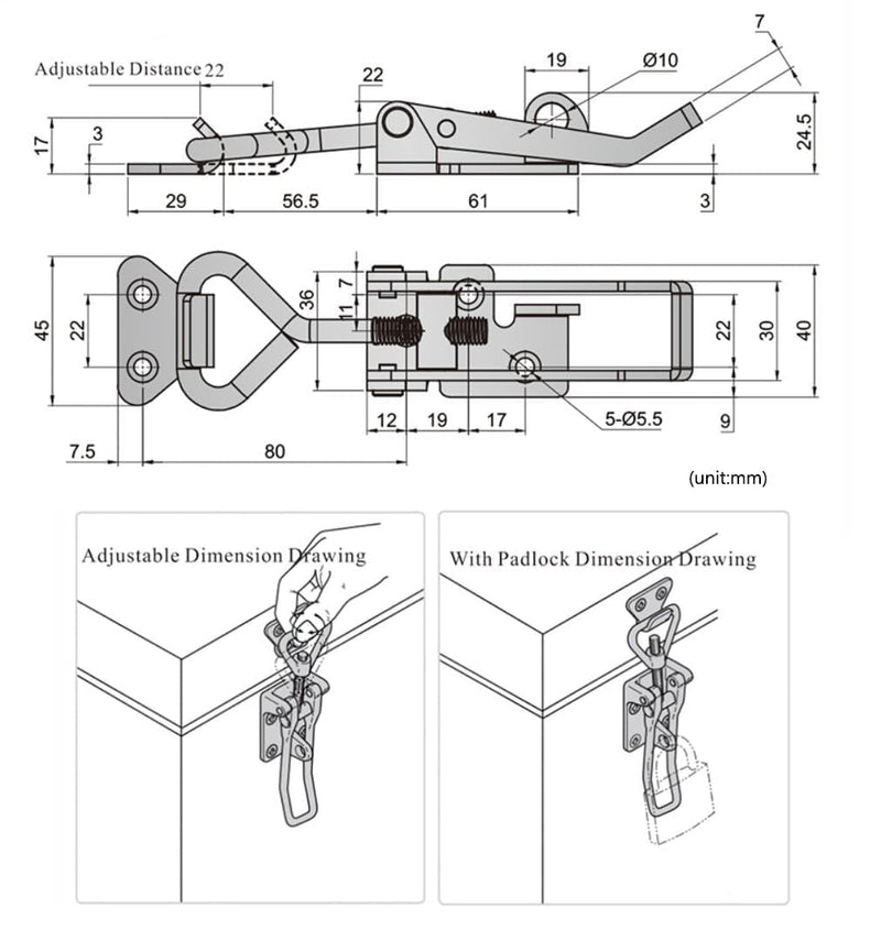 SYINE Adjustable Buckle Cabinet Boxes Lever Handle Toggle Catch Latch Lock with Screws,2 Pcs (3S,Range:126-148mm) 3S,Range:126-148mm