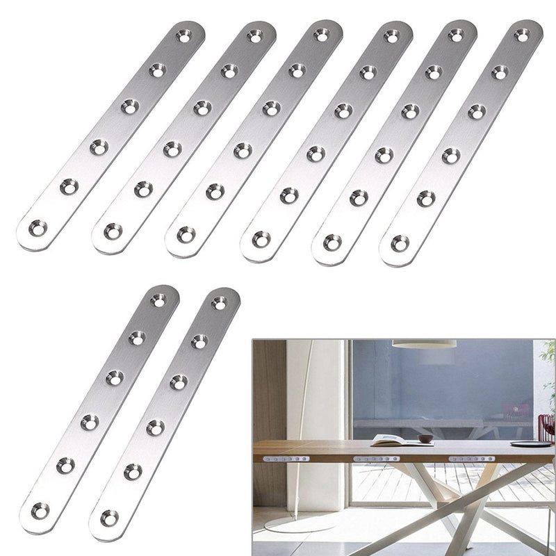 Sumnacon 8 Pcs Stainless Steel Flat Plates - 6 Inch Heavy Duty Mending Plate Straight Corner Brace Brackets Connector Furniture Repair Fixing Joint with Screws, Silver 6 Inch Silver
