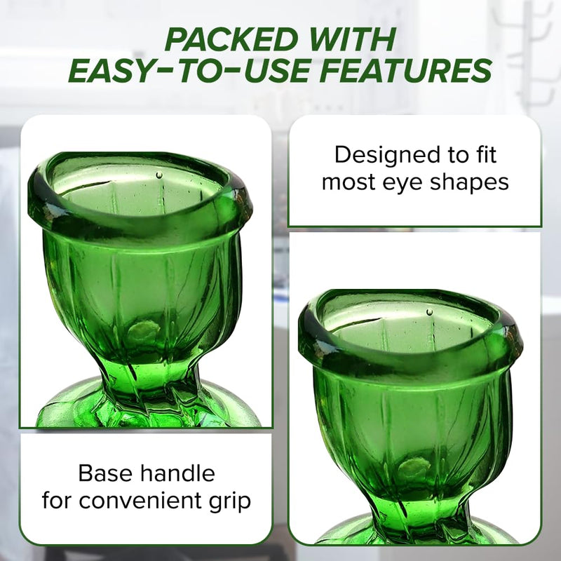 Set of 2 Eye Wash Cups with Storage Container | Eye Cleaner Solution for Tired Eyes, Eyestrain, Makeup and Dust | Eye-Shaped Rim for Eye Rinse and Cleansing - Green Pack of 2