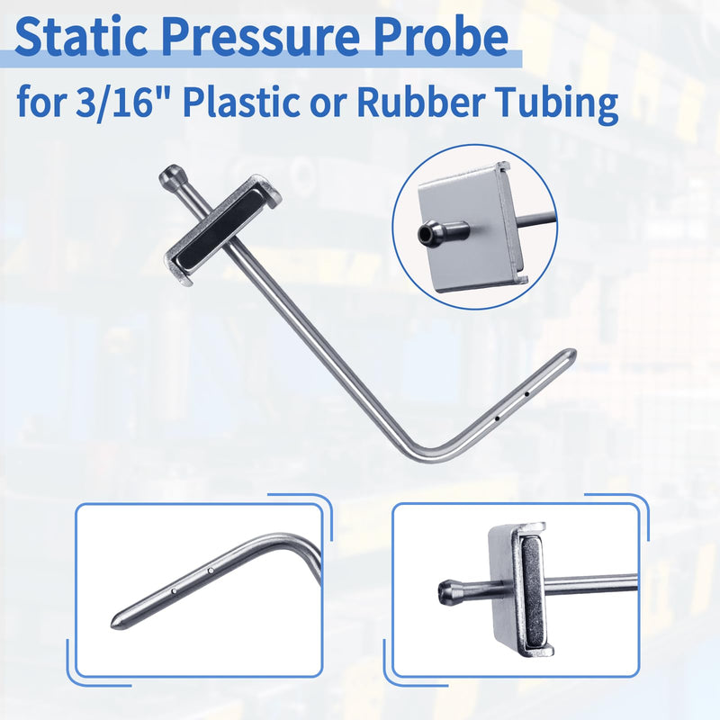 A-303 Static Pressure Probe fit for HVAC,Manometers, Magnehelic Gages, Pressure Switches, Portable Static Pr Tip for 3/16" Plastic or Rubber Tubing, Pitot Static Tube with Magnetic Flange