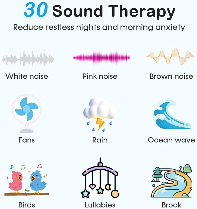 Sound Machine with Alarm Clock: 30 Non-Looping Sleep Sounds - White Noise Alarm Clock for Natural Wake Up - Adjustable Volume & Light, Memory Function, Sleep Timer (Black) Black 3.15*3.15*1.85 Inch