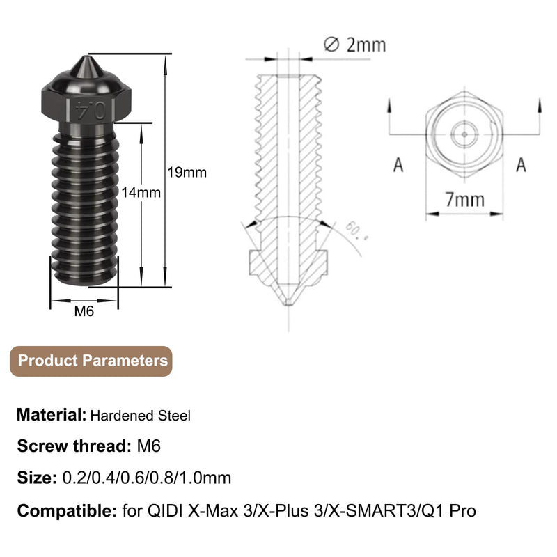 10PCS Mixed Sizes Hardened Steel Nozzles for R QIDI Q1 Pro/X-Max 3 / Q1 Pro/X-Plus 3 / X-Smart 3 3D Printer, 2PCS 0.2/0.4/0.6/0.8/1.0mm Extruder Hotends Nozzles for R QIDI 3D Printer Parts 10PCS Hardened Steel Nozzle