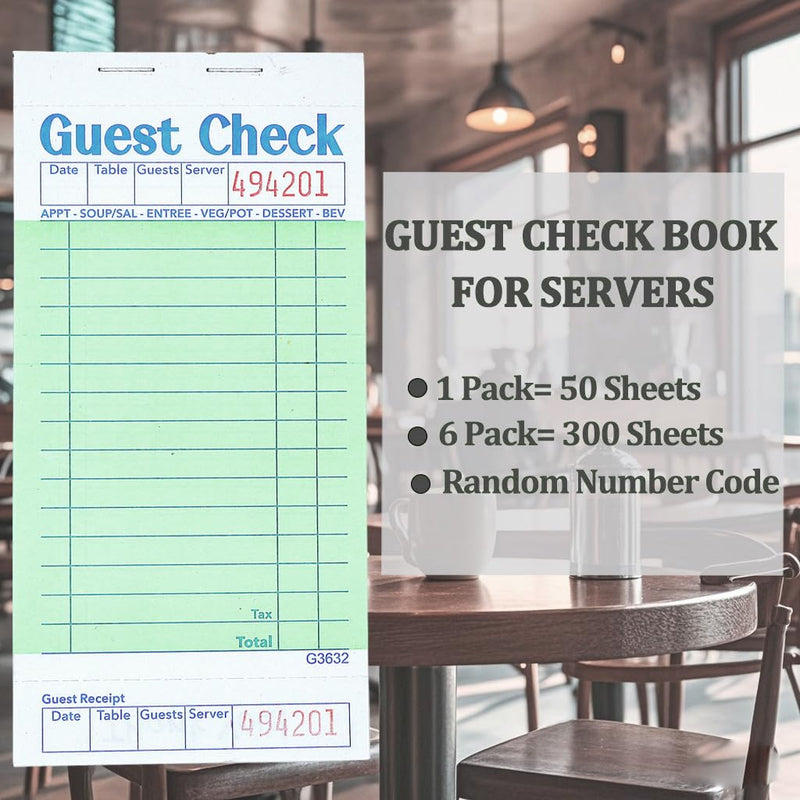 Guest Checks Server Note Pads 6 Pack 300 Orders, Green Guest Check Pads with Bottom Receipt, Waitress Notepad for Restaurant Business 6PCS