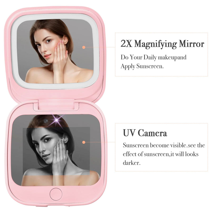UV Camera Mirror for Sunscreen Test & SPF Detection, 1x/2x Magnifying Travel Mirror with Dimmable LED Lights, Handheld 2-Sided Portable Makeup Mirror for Handbag/Pocket,Pink Pink
