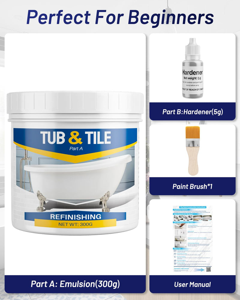 Tile Paint, 10.6oz Tub and Tile Paint Refinishing Kit with Tools and Hardener, Easy to Use for Countertop Bathroom Bathtub Kitchen Sink, Semi-Gloss White, Low Odor，15-18sq.ft 10.6 Fl Oz (Pack of 1)