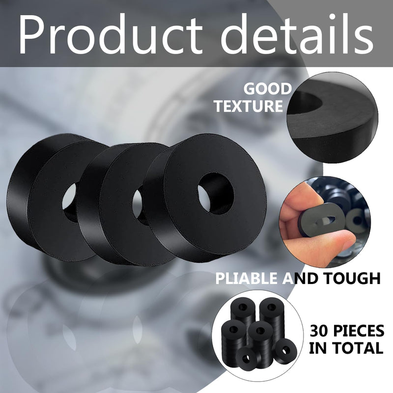 30 PCS Rubber Spacer 5 Sizes Black Non-Slip Thick Grommets Vibration Isolation Round Rubber Flat Washers Rubber Bushings Spacers Washers for Home and Car Accessories Different size