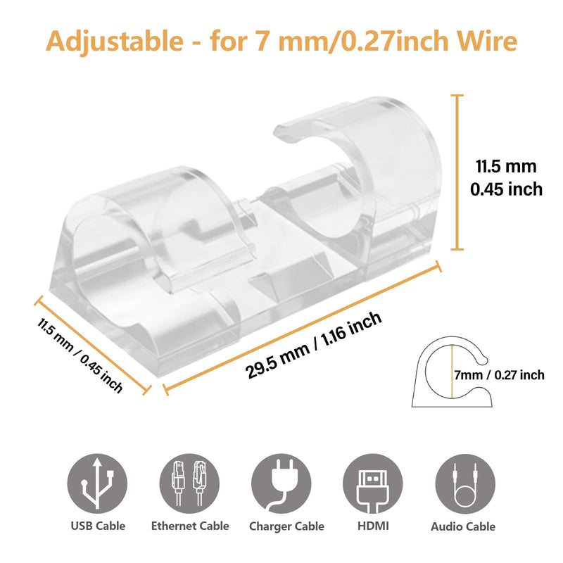 60 Pcs Clear Cable Clips with 3M Adhesive, Wire Holders Under Desk, Cord Management for Wall, Car, Ethernet, PC, Christmas Light Indoor/Outdoor M