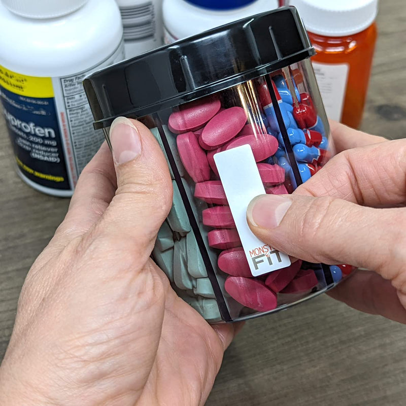 Monster Jr Supplement Pill Dispenser - Holds Small Medium Medication Vitamins and Easily Dispense from One Container Includes Compartment Labels ( 1 Pack) Monster Jr - 1 Pack
